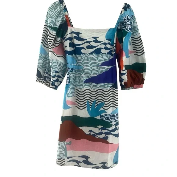 Oliphant Dress Puffed Sleeve Cutout Bow Cotton Abstract Mini Size Small - Picture 1 of 12